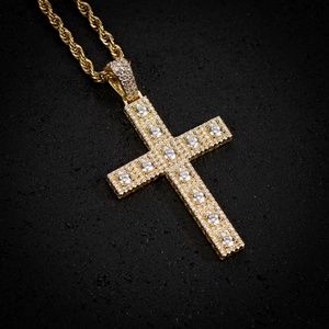 14K Gold Plated Mens Fashion Hip Hop Iced Cross Cz Pointer Pendant Necklace